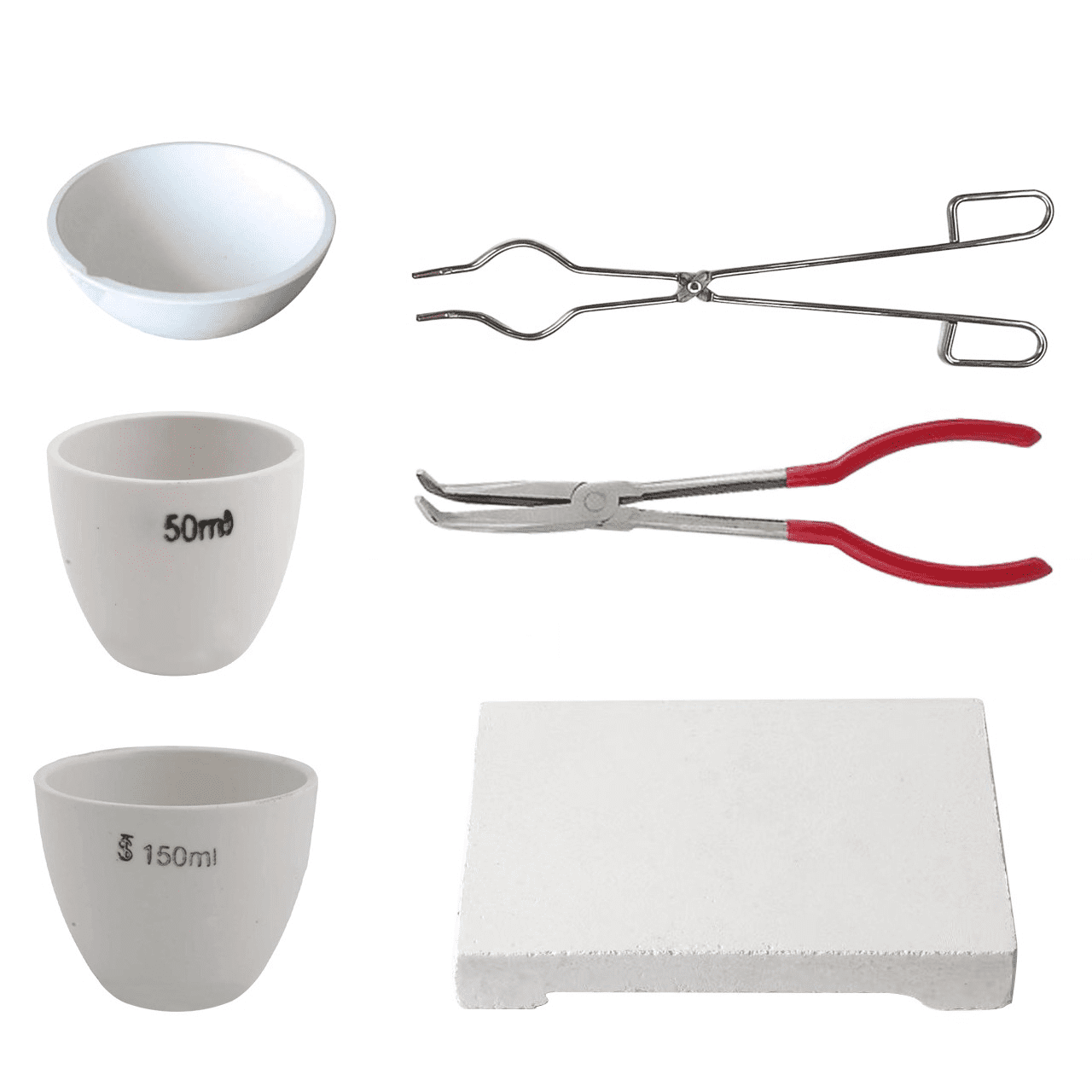 6 Piece Jewelry Melting & Casting Kit - Ceramic Crucibles, Melting Bowl, Crucible Tongs, Curved Tip Pliers, Square Soldering Board for Gold Silver Smelting & Jewelry Making