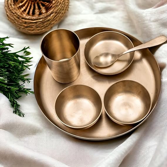 6-Piece Kansa Solid Dinner Set|Matte Finish|1 Plate (10.5" Thali),2 Bowls,1 Glass,1 Sweet Dish Plate,1 Spoon|Authentic Indian Dining Collection - Bronze Dinner Set
