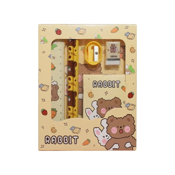 6‑Piece Kawaii Stationery Set, Cute Stationery Mini Office Supply Kit, Including Pencils, Eraser, Ruler and Pencil Sharpener, Ideal Gifts for Hoilday(Yellow)