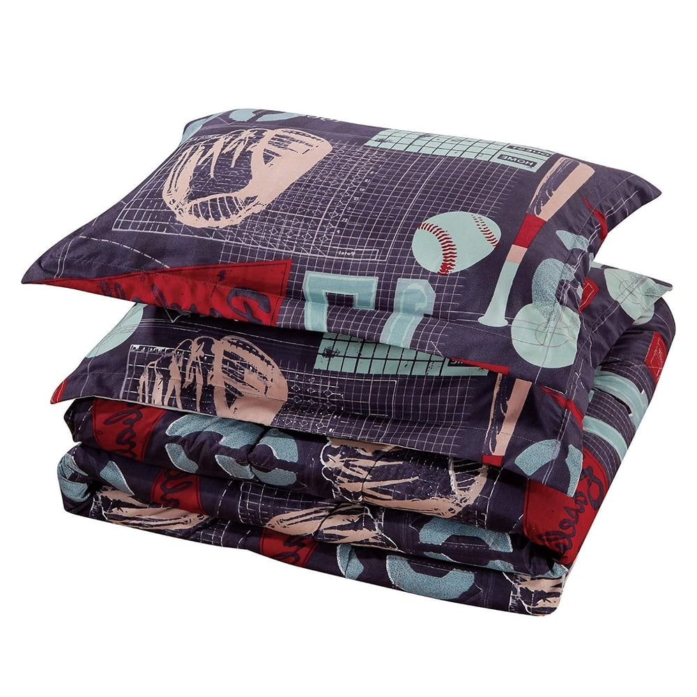 6-Piece Kids/Teens Sports Bed in a Bag, Queen Size Comforter Set with Fitted Sheet - Soft Microfiber Kids' Bedding for Home, Dorm, Bedroom, Gray Baseball