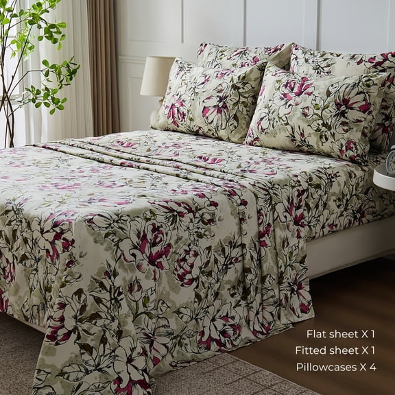 6-Piece King Size Bed Sheet Set - Breathable Luxury Microfiber with Deep Pockets & Corner Ties - Soft, Wrinkle-Resistant, Non-Slip Design - Elegant Rose Pattern