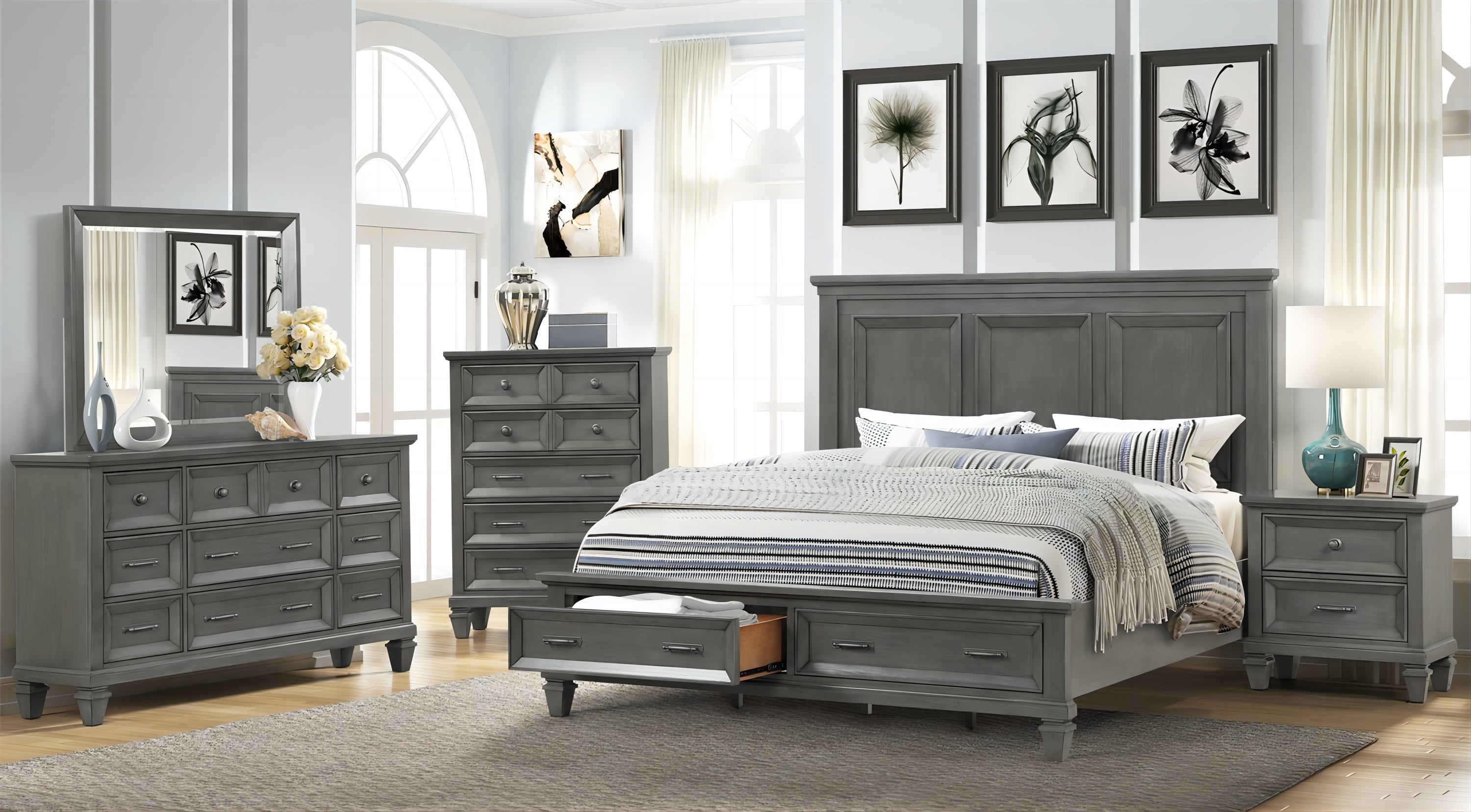6 Piece King Size Bedroom Furniture Sets, Wood Bedroom Set include King Size Platform Bed with 2 Storage Drawer, 2 Nightstands, Chest, Dresser and Mirror for Adults, Gray