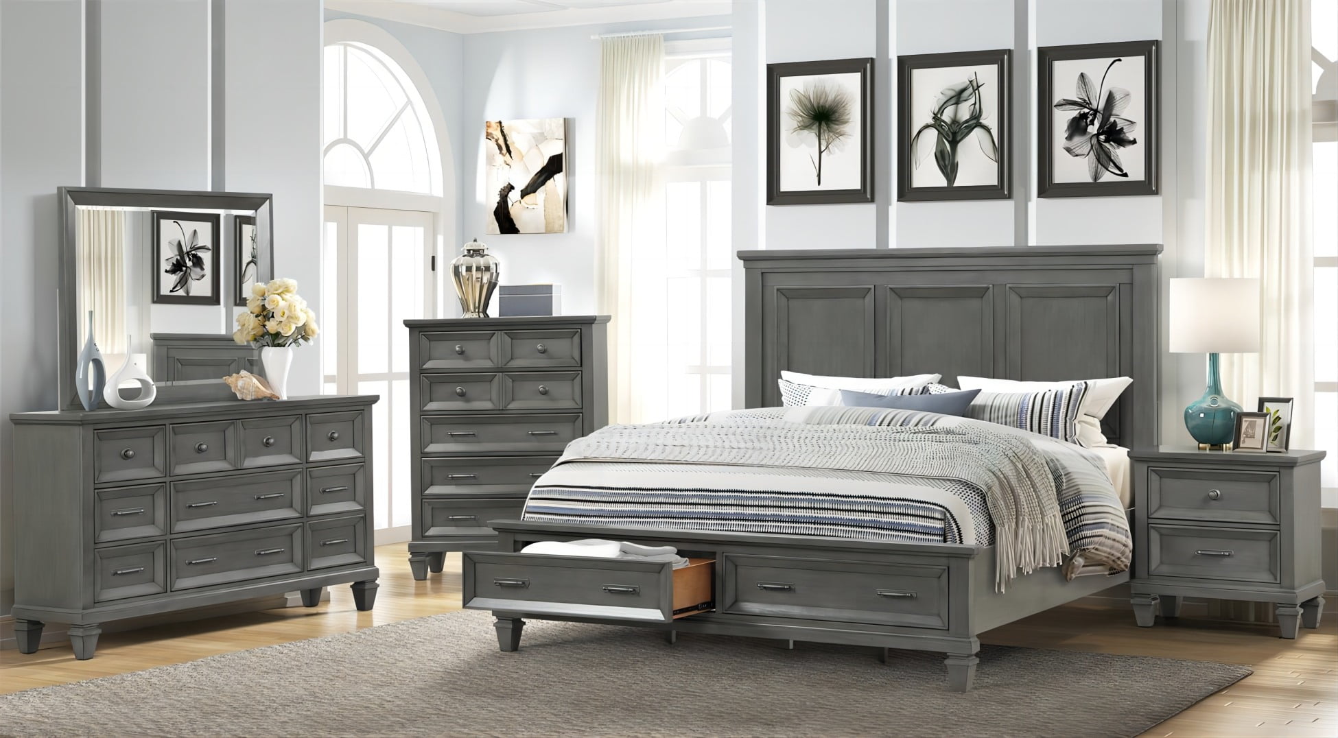 6-Piece King Size Bedroom Set,Wood Bed Room Set, King Size Bed with Headboard,2 Nightstands, Chest, Dresser and Mirror, Platform Bed Frame with 2 Drawers for Adults, Gray