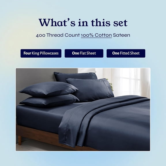 6-Piece King Size Sheet Set with 4 Pillowcases, 400 Thread Count Sateen Weave, 100% Cotton Cooling Bedding, Deep Pocket Design, Indigo Dusty Blue