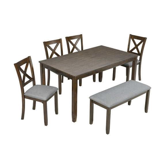 6 Piece Kitchen Dining Set, Rectangular Wooden Dining Table with 4 Upholstered Chairs and a Bench, Dining Table Set for 6 People, Living Room, Home Bar and Kitchen, Walnut