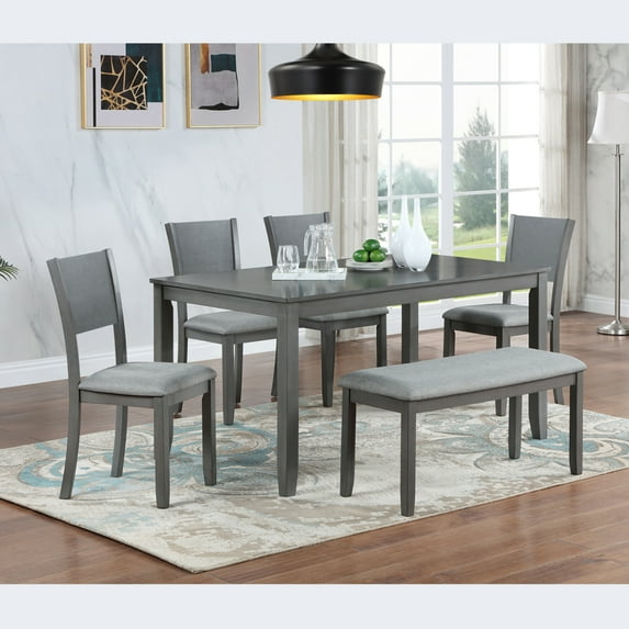 6 Piece Kitchen Dining Set, Rectangular Wooden Dining Table with 4 Upholstered Chairs and A Bench, Dining Table Set for 6 People, Living Room, Home Bar and Kitchen