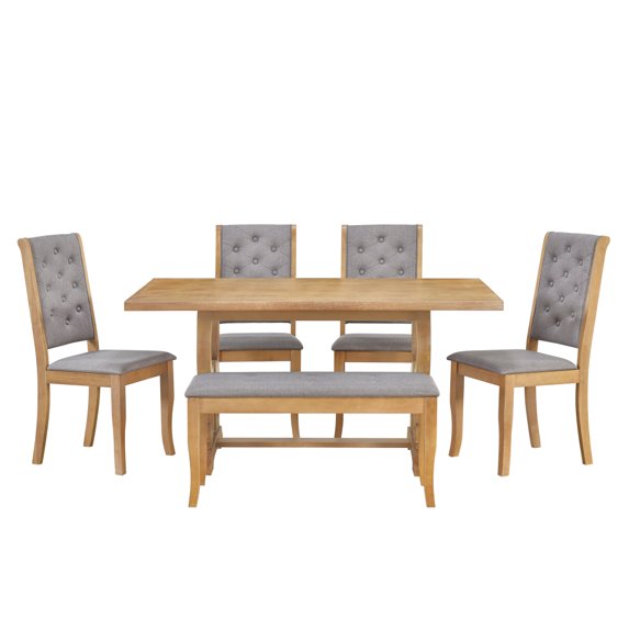 6 Piece Kitchen Dining Table Set, Wood Rectangular Dining Table with 4 Foam Covered Backrest Upholstered Chairs and 1 Bench