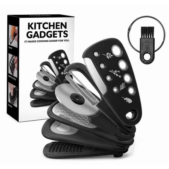6 Piece Kitchen Gadget Set, Cheese Grater, Bottle Opener, Peeler, Pizza Cutter, Garlic Ginger Grinder and Herb Stripper, TIKA