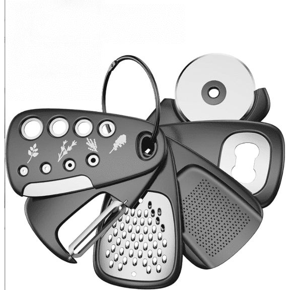 6-Piece Kitchen Gadgets Set Space-Saving Stackable Tools, Cheese Grater, Bottle Opener, Peeler, Pizza Cutter, Garlic & Ginger Grinder, Herb Stripper Unique Gift Set for Home Cooks