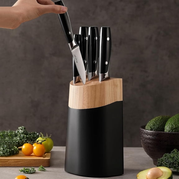 6-Piece Kitchen Knife Block Set with High Carbon Black Blades - Premium German Steel, Dishwasher Safe, Ergonomic Handle, Gift Box Packaging
