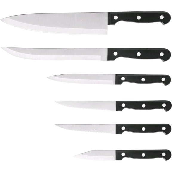 6 Piece Kitchen Knife Set, Stainless Steel Knife Set With Ergonomic Handle, Rustproof, Dishwasher Safe (Black, Fun Food Icons)