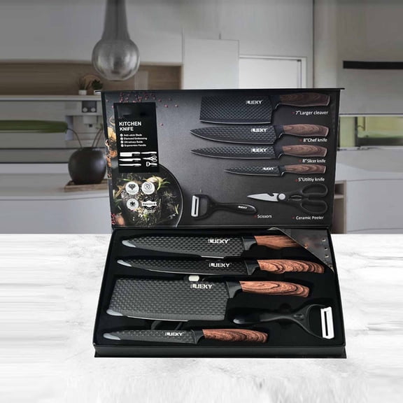 6-Piece Kitchen Knife Set with Chef Knife & Scissors, Double-Layer Non-Stick Coated Blades, Sharp Cooking Knives for Home