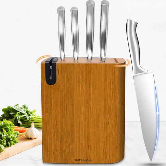 6-Piece Kitchen Knife Set with Wooden Knife Block and Built-in Sharpener, Stainless Steel Sharp knives set for kitchen, Knife Block Set