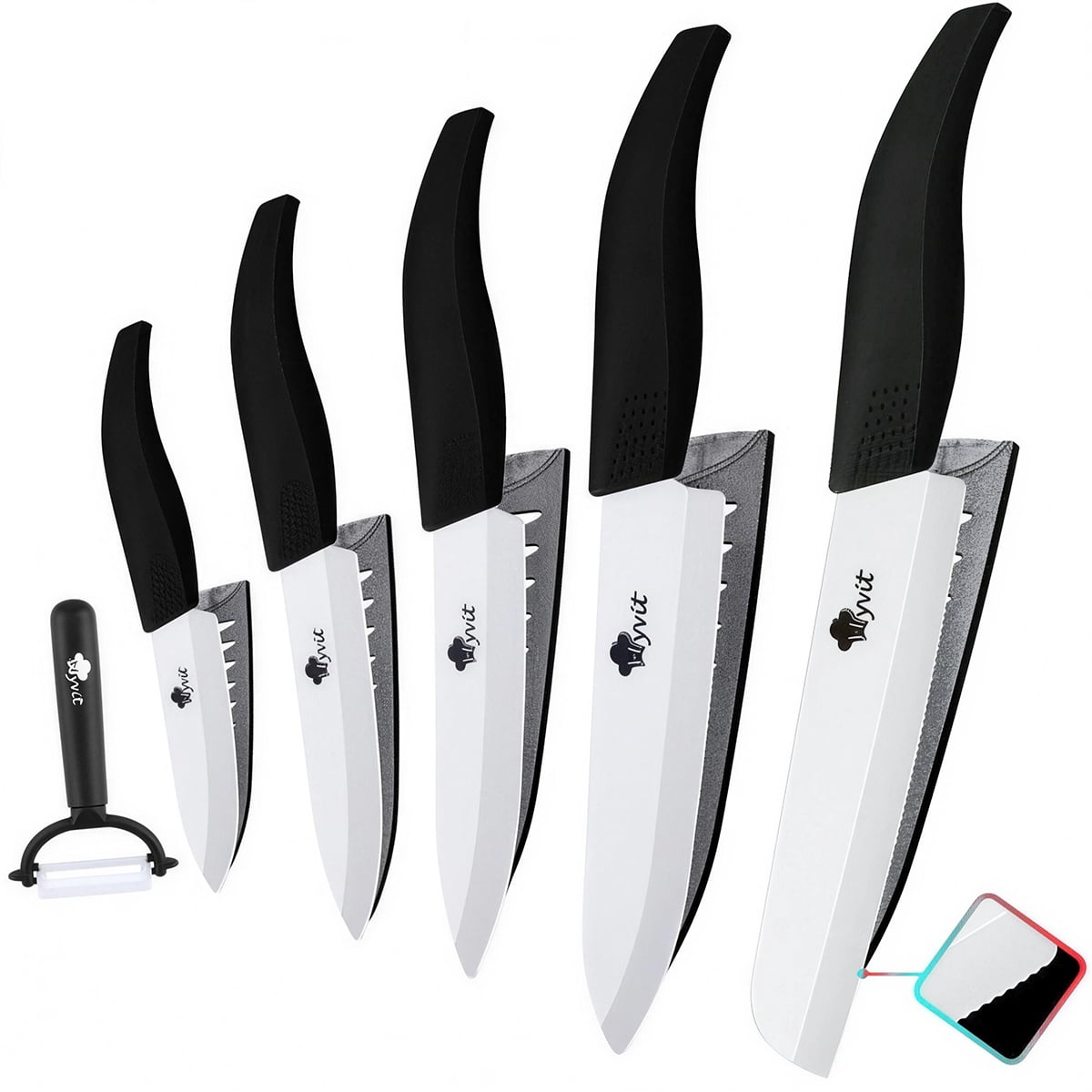 11-Piece Kitchen Knives Set with Peeler, Ceramic Knife 6-inch Serrated Bread Knife,6-inch Chef Knife, 5inch Utility Knife,4-inch Paring Knife and 3-inch Peeling Tool