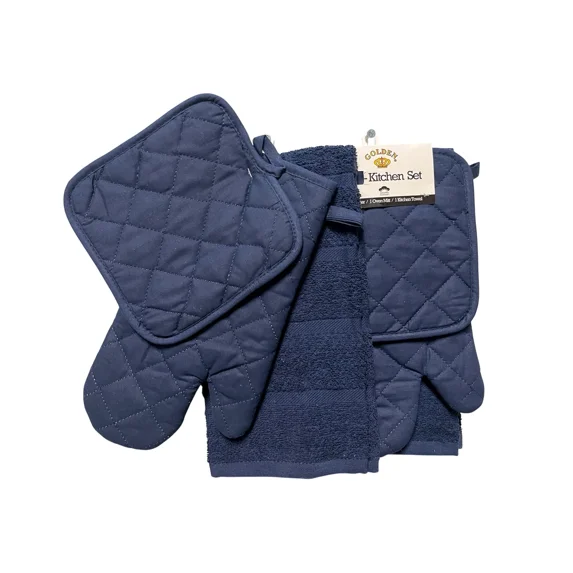 6 Piece Kitchen Set, 2 Dish Towels, 2 Oven Mitts and 2 Pot Holders, 100% Cotton, Dark Blue