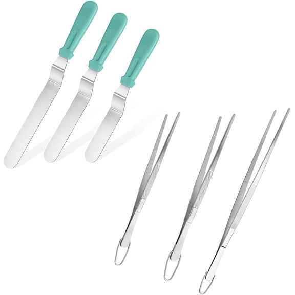 6 Piece Kitchen Utensil Set Angled Icing Spatulas And Stainless Steel Cooking Tweezers Pointed Tip Aqua Sky