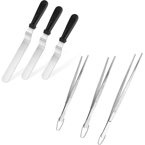 6 Piece Kitchen Utensil Set Angled Icing Spatulas And Stainless Steel Cooking Tweezers Pointed Tip Black