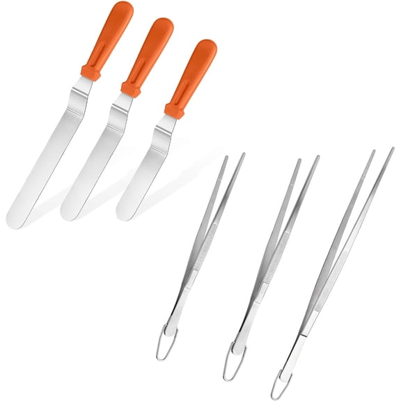 6 Piece Kitchen Utensil Set Angled Icing Spatulas And Stainless Steel Cooking Tweezers Pointed Tip Orange