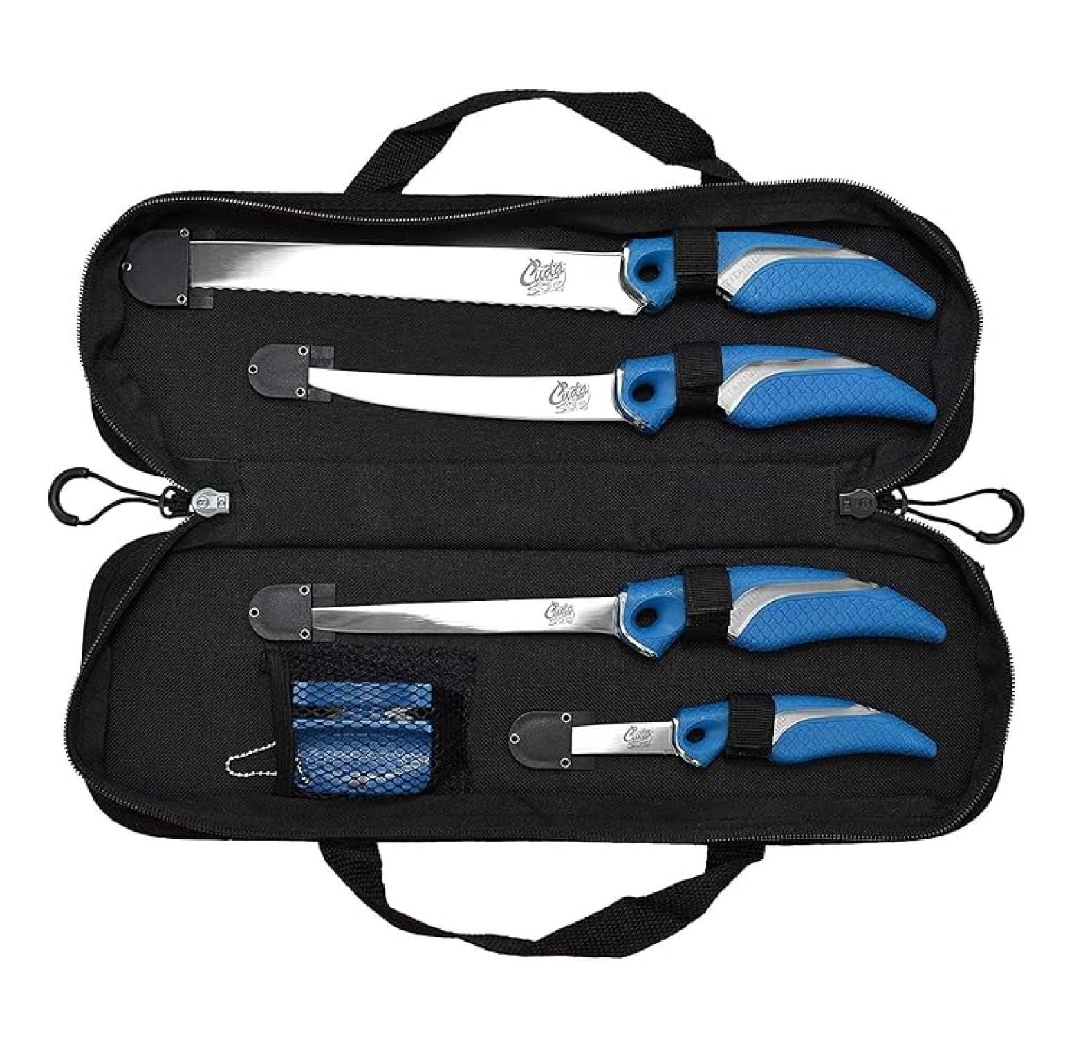 6 Piece Knife & Sharpener Set 4 Knives with Corrosion-Resistant Stainless Steel Blade & Non-Slip Grips, 2-in-1 Knife Sharpener & Ballistic Nylon Carry/Storage Case Included