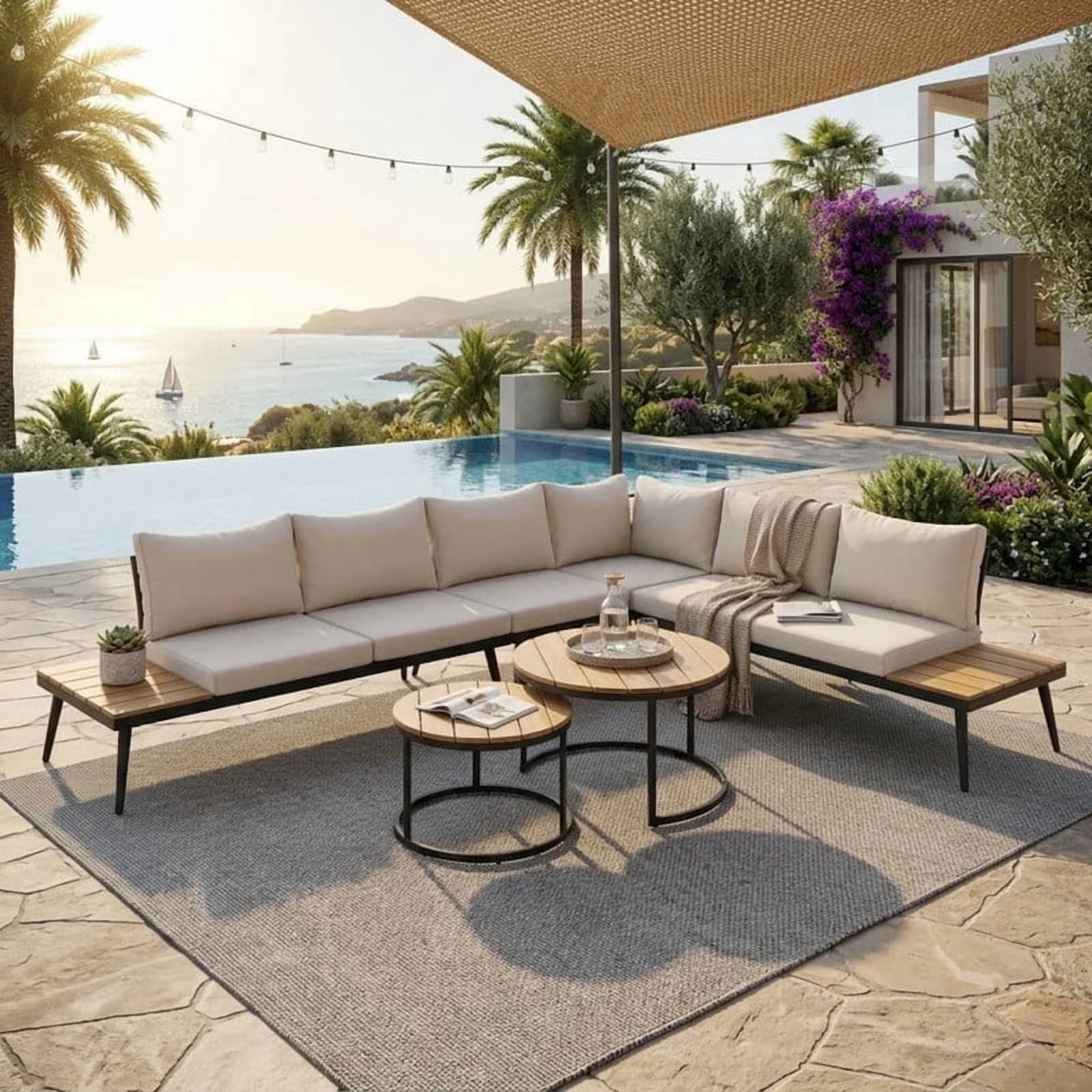 6-Piece L-Shaped Outdoor Sectional Sofa Set with Round Nesting Coffee Tables, Patio Furniture Set with Side Tables, Outdoor Conversation Set with Cushions