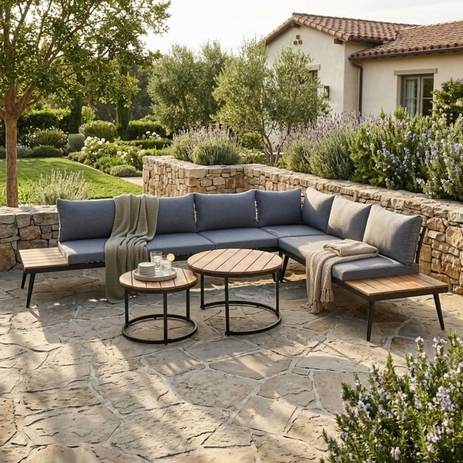 6-Piece L-Shaped Outdoor Sectional Sofa Set with Round Nesting Coffee Tables, Patio Furniture Set with Side Tables, Outdoor Conversation Set with Cushions