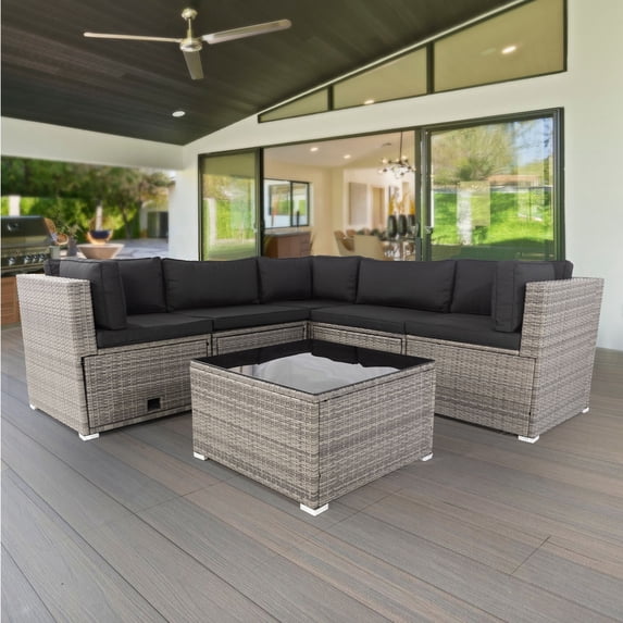6-Piece L-Shaped Patio Furniture with 3 Storage Under Seat, Outdoor Wicker Conversation, All Weather PE Rattan Sectional Sofa Set Wicker Sofa Ideal for Garden, Porch