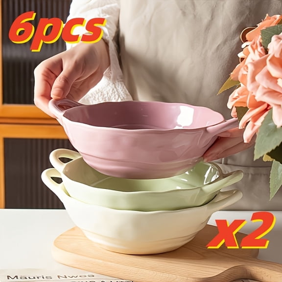 6-Piece Large Capacity Ceramic Bowls with Binaural Handles - Durable &Versatile Soup, Salad,Noodle & Fruit Bowls for Home & Restaurant - Ideal for Christmas,Valentine's,Thanksgiving &New Year Potluck
