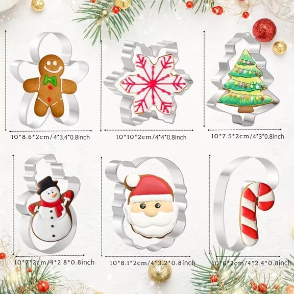 6-Piece Large Christmas Cookie Mold Set - 4-inch Stainless Steel Baking Molds with Santa Claus, Snowflakes, Gingerbread Man, Snowman, and Candy Cane Patterns, Perfect for Holiday Treats