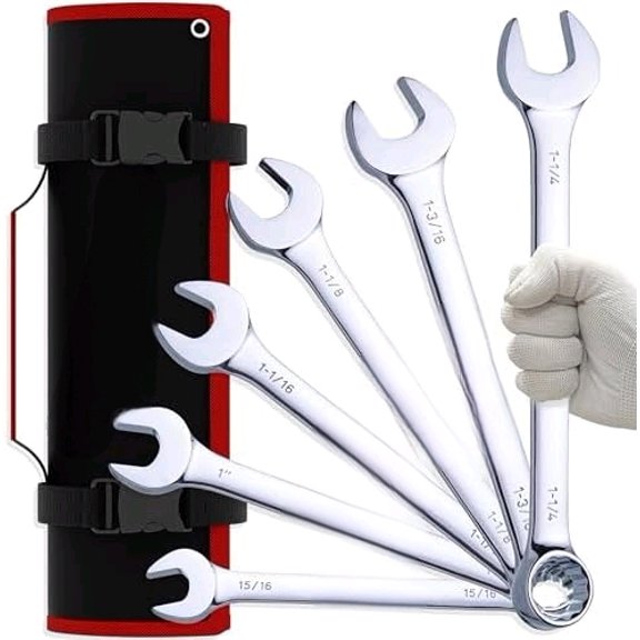 6-Piece Large SAE Wrench Set, 12-Point Box End, Drop Forged Chrome-Plated Cr-V Steel, 15 Offset, Polished, Roll Pouch Included Sizes 15/16 to 1-1/4$$Tools & Hardware Other
