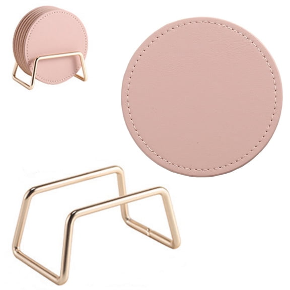 6-Piece Leather Coaster Set with Holder,Pink Heat Resistant Coasters for Drinks, 3.9 Inch Round Table Protectors for Home and Office Desk Decor Topboutique