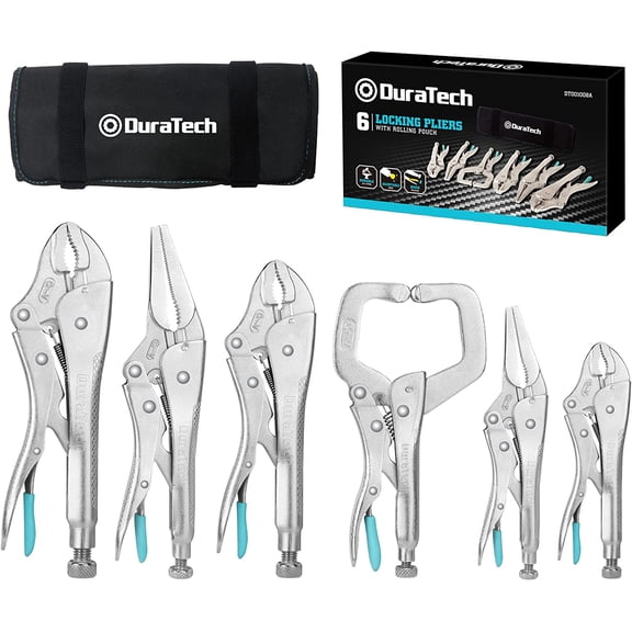 6-Piece Locking Pliers Set, CR-V Steel Vice Grip Pliers, Long Nose, Curved Jaw & C-Clamp, Fast Release, 5" 6" 7" 10" 6-1/2" 9-1/2", with Oxford Roll-Up Pouch