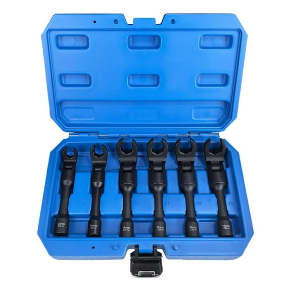 6 Piece Long Curved Head Line Wrench Set, 3/8 Inch Drive Syringe Fuel Line Fishtail Trumpet Socket Wrench Metric 12/14/16/17/18/19 mm