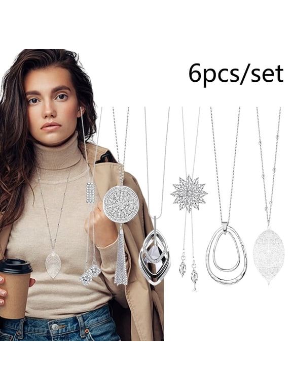 6-Piece Long Statement Necklace Set, Elegant Silver Floral & Geometric Pendant Y-Necklaces, Layering Chains for Sweaters and Daily Wear