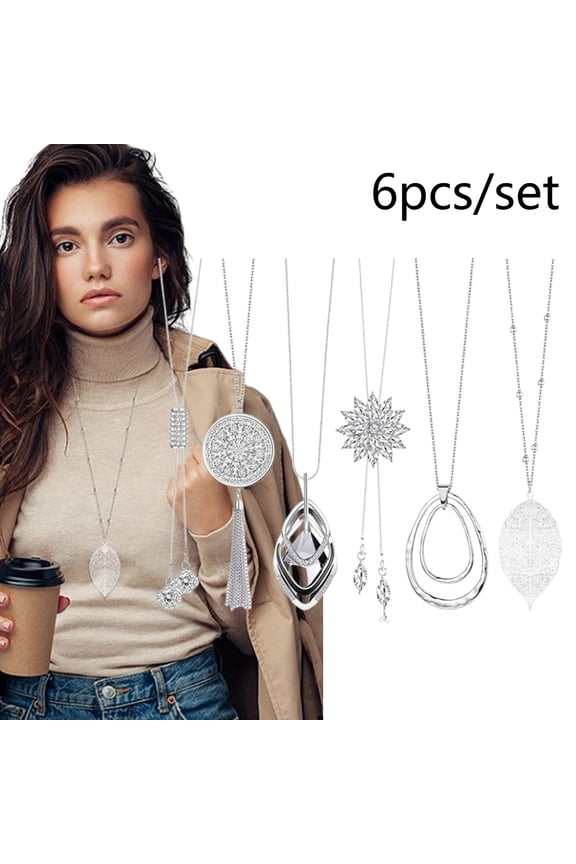 6-Piece Long Statement Necklace Set, Elegant Silver Floral & Geometric Pendant Y-Necklaces, Layering Chains for Sweaters and Daily Wear