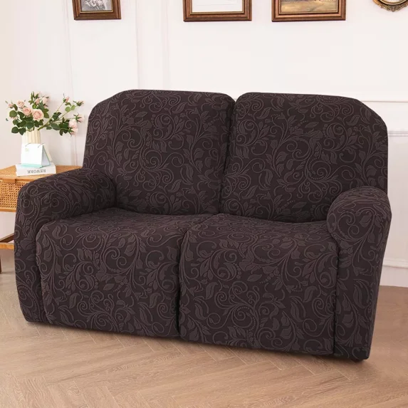 6-Piece Loveseat Recliner Slipcover Stretch Jacquard Recliner Sofa Cover 2 Seater Washable Reclining Couch Cover with Pocket Fitted Furniture Protector Cover, Dark Brown