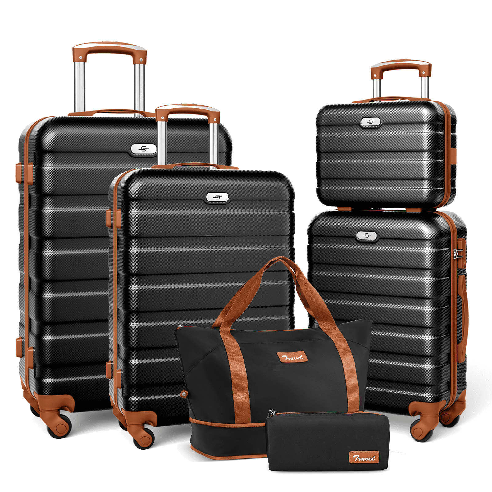 Gowill 6 Piece Luggage Sets with Travel Duffle Bags Lightweight ABS Hard Suitcase Black Tan
