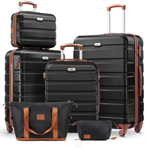 Gowill 6 Piece Luggage Sets,13/20/24/28 inch Hardside Lightweight ABS Suitcase With Expandable Duffle Bag (Black Tan)