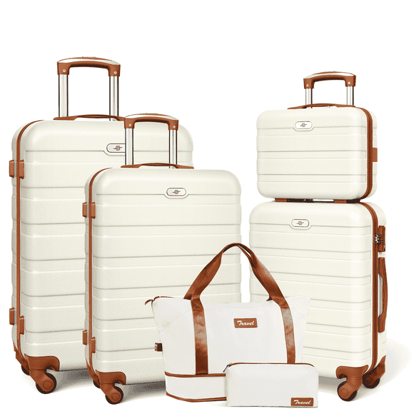 6 Piece Luggage Sets, with Travel Duffle Bags, Lightweight ABS Hard Suitcase, White Tan