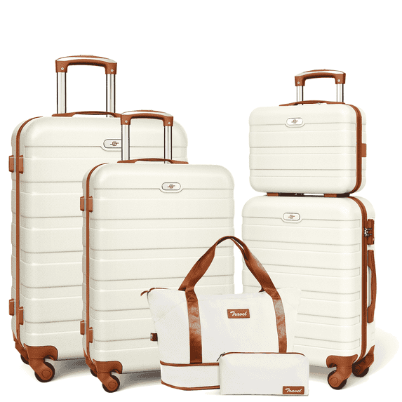 6 Piece Luggage Sets, with Travel Duffle Bags, Lightweight ABS Hard Suitcase, White Tan