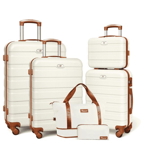 6 Piece Luggage Sets, with Travel Duffle Bags, Lightweight ABS Hard Suitcase, White Tan