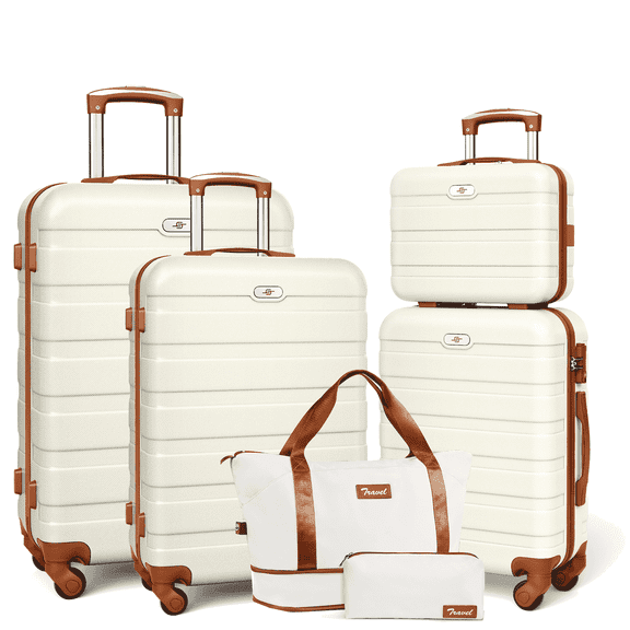 6 Piece Luggage Sets, with Travel Duffle Bags, Lightweight ABS Hard Suitcase, White Tan