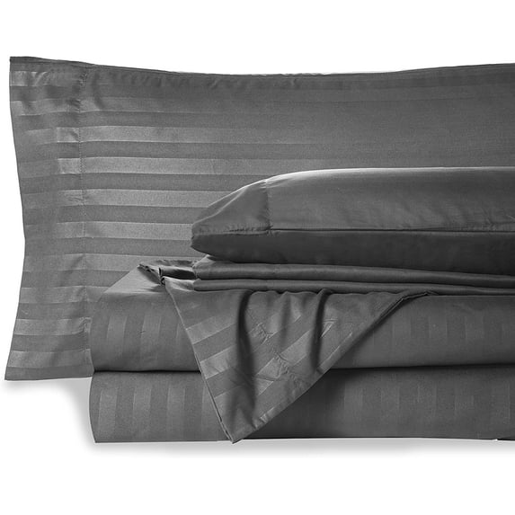 6 Piece Luxury Bed Sheet Set - 30 Inch Deep Pocket - 400 Thread Count - 100% Egyptian Cotton - Extra Soft and Luxury, Easy Care - Dark Gray Stripe, Olympic Queen Size.