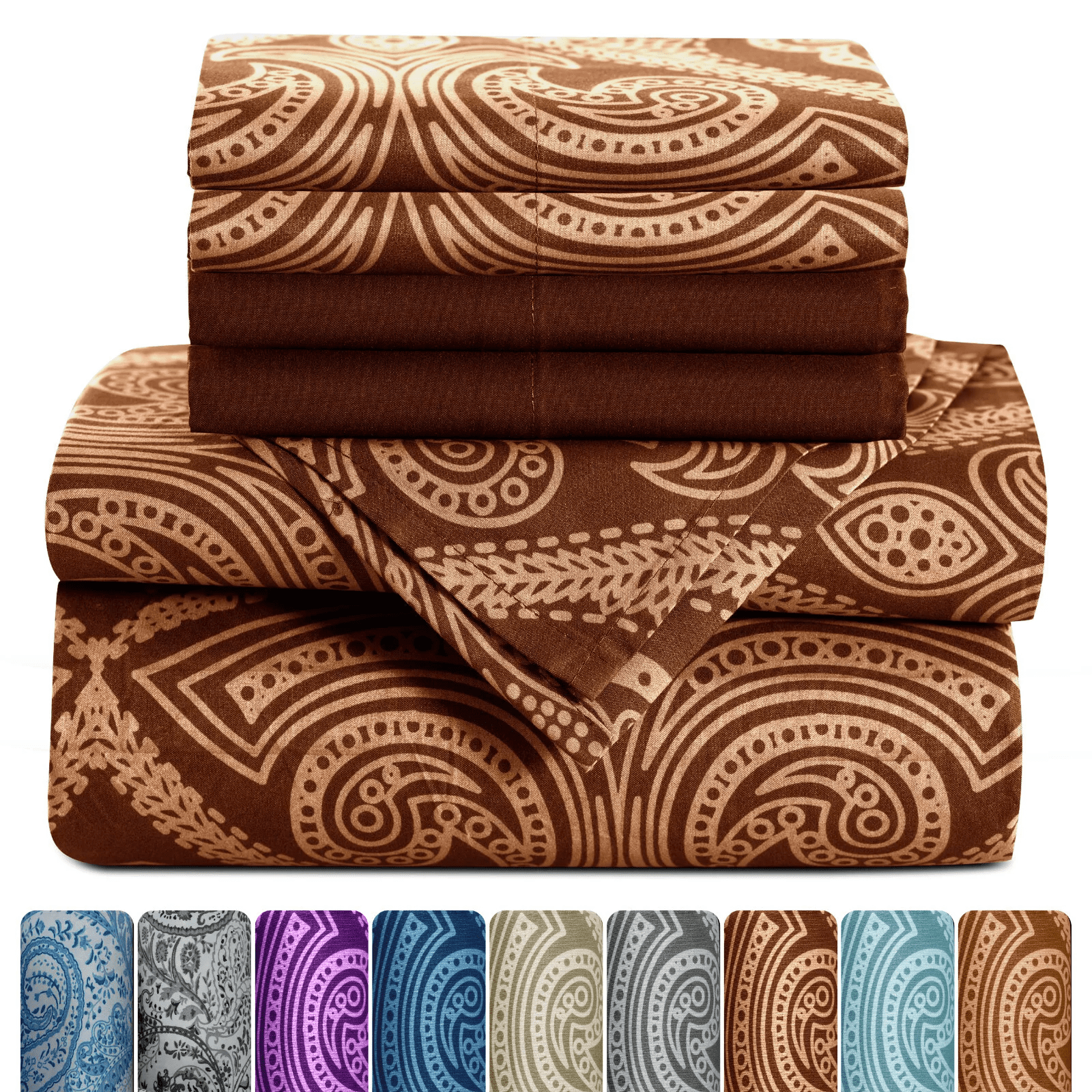 6 Piece Luxury Microfiber Bed Sheets, Paisley Printed upto 16" Deep