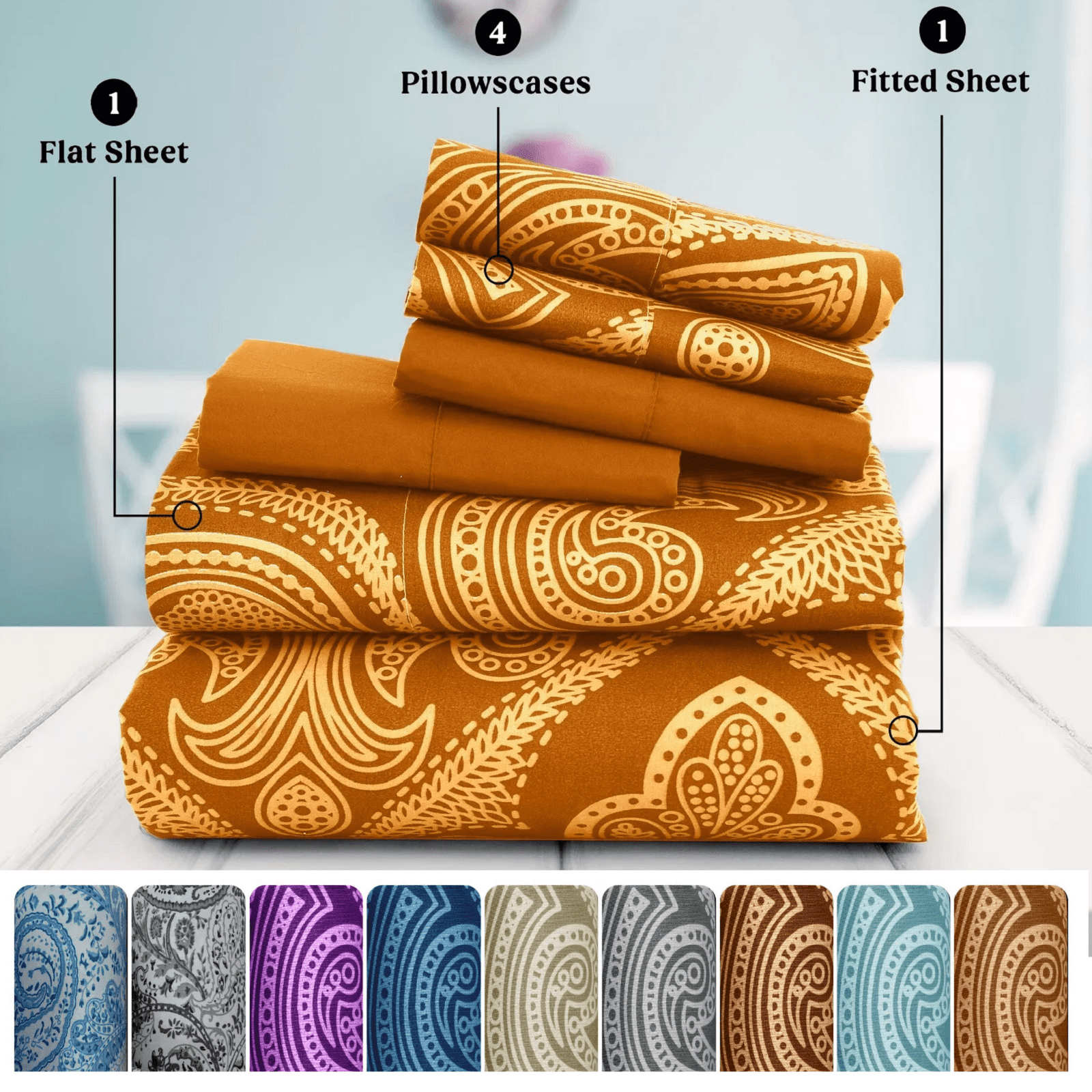 6 Piece Luxury Microfiber Bed Sheets, Paisley Printed upto 16" Deep