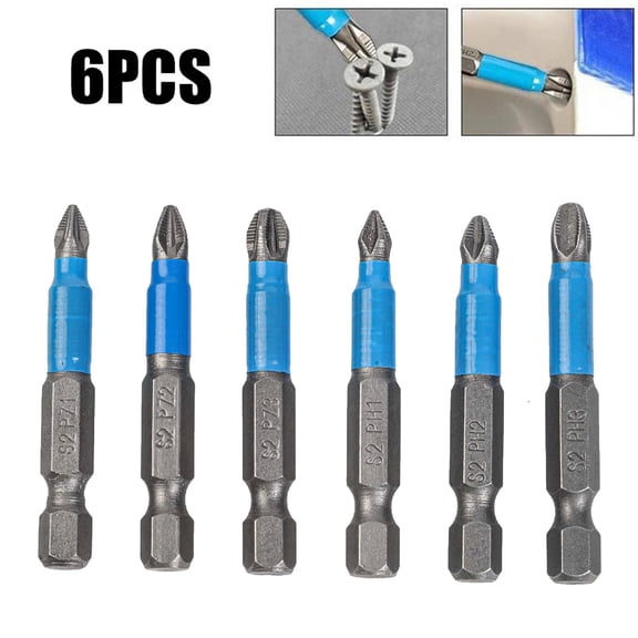 6-Piece Magnetic Screwdriver Bit Set / Driver Bits 50mm Length PH1 PH2 PH3 /PZ1 /PZ2 PZ3 with Anti-Slip Design Alloy Steel Construction