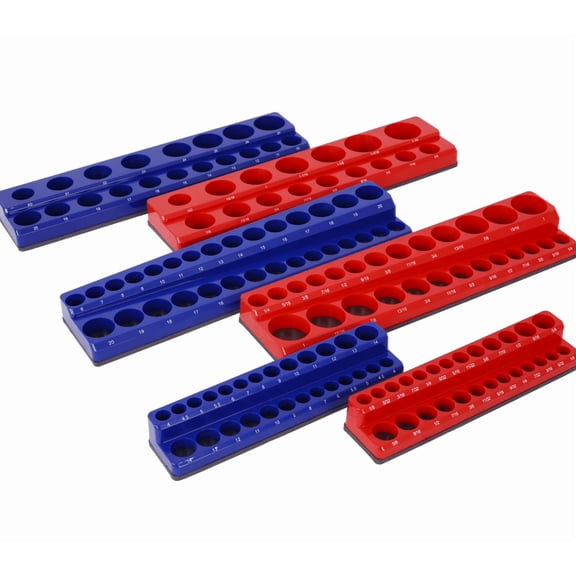 6-Piece Magnetic Socket Organizer Holds 141 Metric & SAE Sockets, Red & Blue