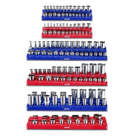6-Piece Magnetic Socket Organizer Set with Blue & Red Trays for Metric and SAE Sockets - Heavy-Duty Steel Storage Rack for Toolbox Drawer Organization