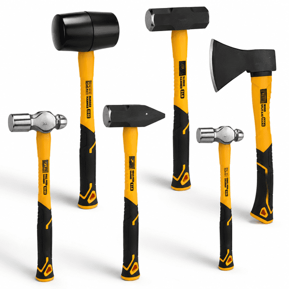 6-Piece Mallet Hammer Set with Fiberglass Handles, Forged Steel Heads and Wood Splitting Axe