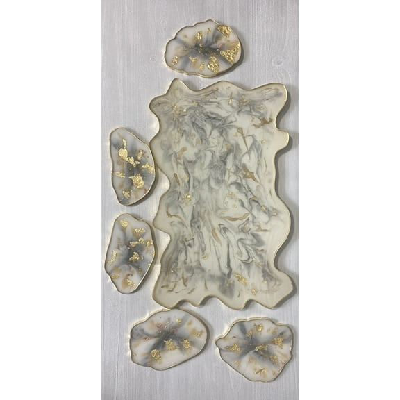 6 Piece Marble Tray / 5 Geode Coasters with Gold Trim