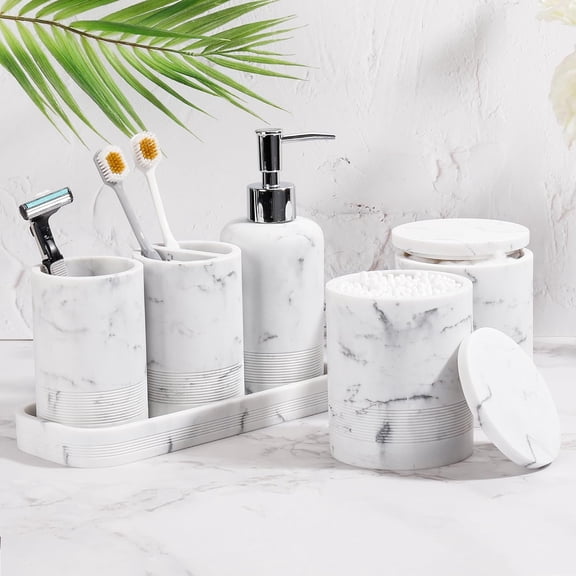 6-Piece Marble White Bathroom Set - Soap Dispenser, Toothbrush Holder, Tumbler & Vanity Tray